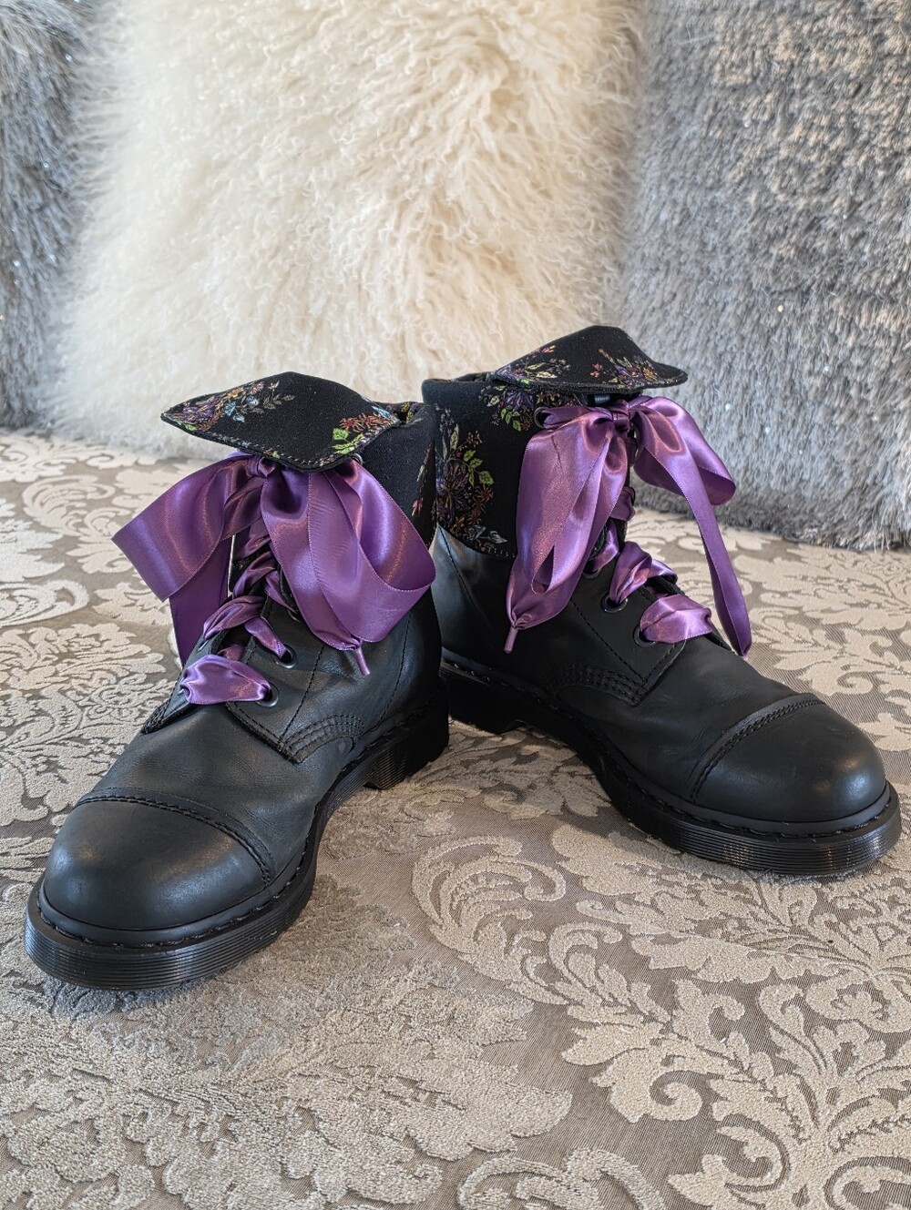 Dr Martens Aimilita Black Floral Fold Down Ribbon Boots Womens 11